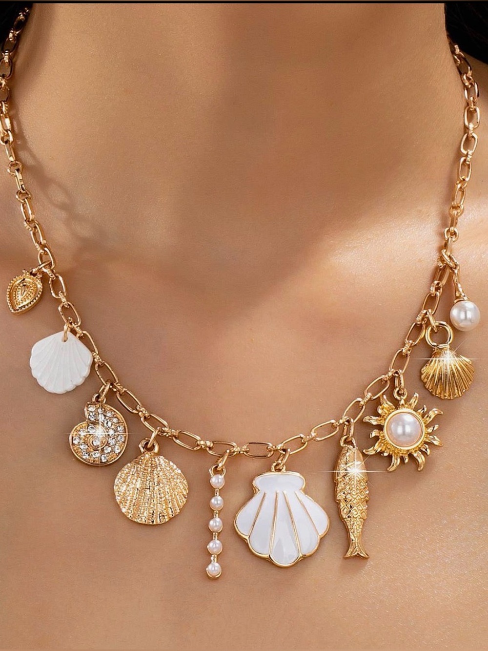 Gold Plated Seashell Charm Necklace with White Pearls